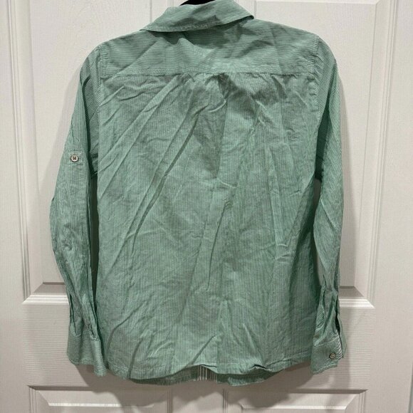 Women’s Banana Republic Size Medium M Striped Green Beach Cotton Bitton Up - Picture 2 of 8